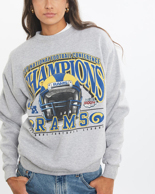 Vintage, NFL, St., Louis, Rams, Super, Bowl, Sweatshirt, The Real Deal, size extra small, colour Grey, newtown, sydney, australia, thrift store, opshop, preloved, secondhand, sustainable, retro, antique, 70s, 80s, 90s, 2000s, 00s, fashion, clothing, streetwear, trendy, garment, style, boutique, store, shop, archive, sale, cheap, best, top, Sweats and hoodies