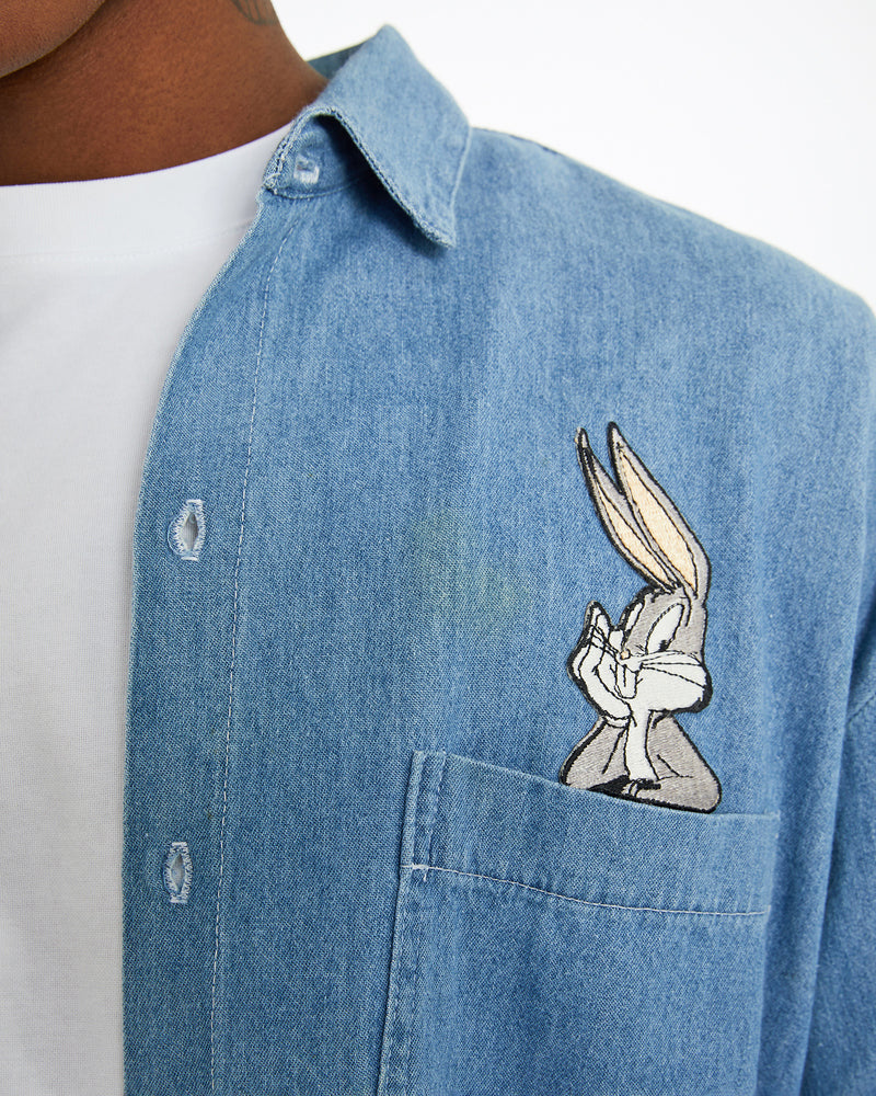 Vintage 1992 Looney Tunes Denim Button Up Shirt <br>L , The Real Deal , newtown, sydney, australia, thrift store, opshop, preloved, secondhand, sustainable, retro, antique, 70s, 80s, 90s, 2000s, 00s, fashion, clothing, streetwear, trendy, garment, style, boutique, store, shop, archive, sale, cheap, best, top