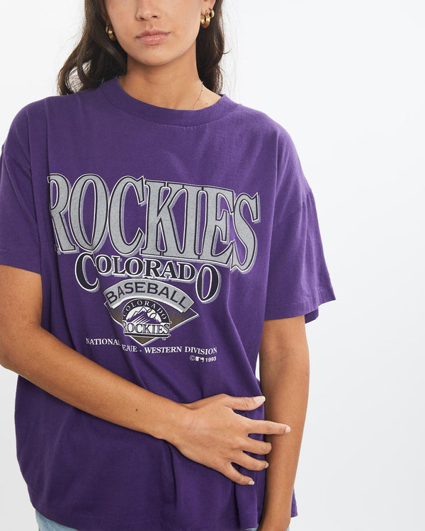 Vintage, 1993, MLB, Colorado, Rockies, Tee, The Real Deal, size small, colour Purple, newtown, sydney, australia, thrift store, opshop, preloved, secondhand, sustainable, retro, antique, 70s, 80s, 90s, 2000s, 00s, fashion, clothing, streetwear, trendy, garment, style, boutique, store, shop, archive, sale, cheap, best, top, T-Shirts