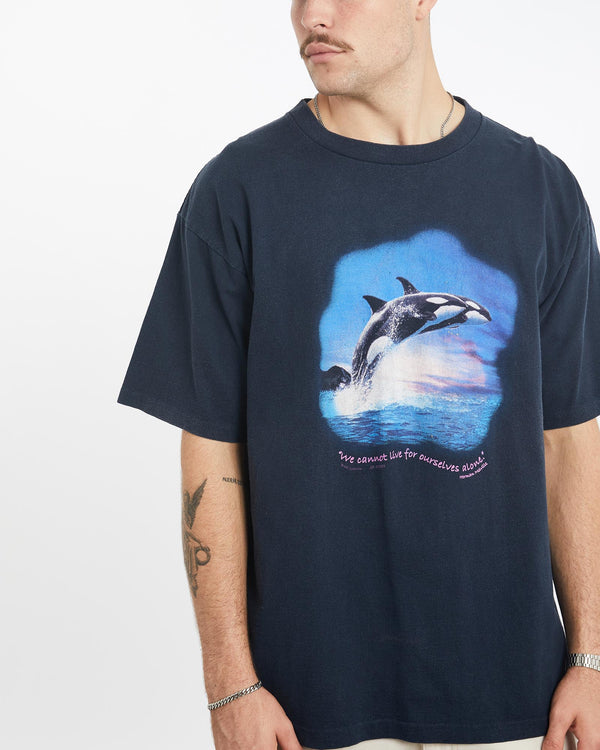 Vintage, Orca, Whale, Wildlife, Tee, The Real Deal, size extra large, colour Navy, newtown, sydney, australia, thrift store, opshop, preloved, secondhand, sustainable, retro, antique, 70s, 80s, 90s, 2000s, 00s, fashion, clothing, streetwear, trendy, garment, style, boutique, store, shop, archive, sale, cheap, best, top, T-Shirts