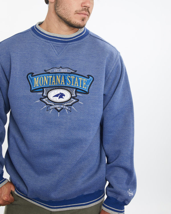 Vintage, 90s, NCAA, Montana, State, Bobcats, Sweatshirt, The Real Deal, size large, colour Blue, newtown, sydney, australia, thrift store, opshop, preloved, secondhand, sustainable, retro, antique, 70s, 80s, 90s, 2000s, 00s, fashion, clothing, streetwear, trendy, garment, style, boutique, store, shop, archive, sale, cheap, best, top, Sweats and hoodies