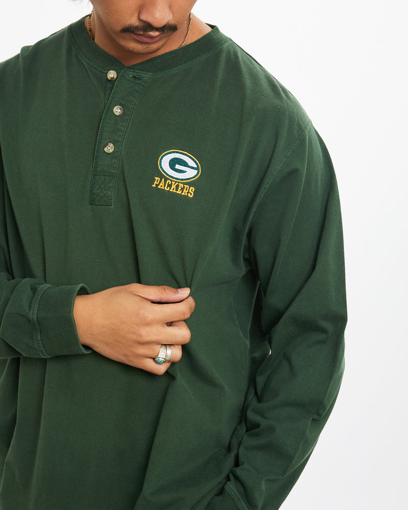 Vintage 90s NFL Green Bay Packers Long Sleeve Henley Tee <br>L , The Real Deal , newtown, sydney, australia, thrift store, opshop, preloved, secondhand, sustainable, retro, antique, 70s, 80s, 90s, 2000s, 00s, fashion, clothing, streetwear, trendy, garment, style, boutique, store, shop, archive, sale, cheap, best, top