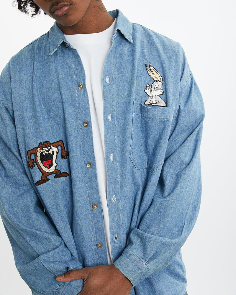 Vintage 1992 Looney Tunes Denim Button Up Shirt <br>L , The Real Deal , newtown, sydney, australia, thrift store, opshop, preloved, secondhand, sustainable, retro, antique, 70s, 80s, 90s, 2000s, 00s, fashion, clothing, streetwear, trendy, garment, style, boutique, store, shop, archive, sale, cheap, best, top