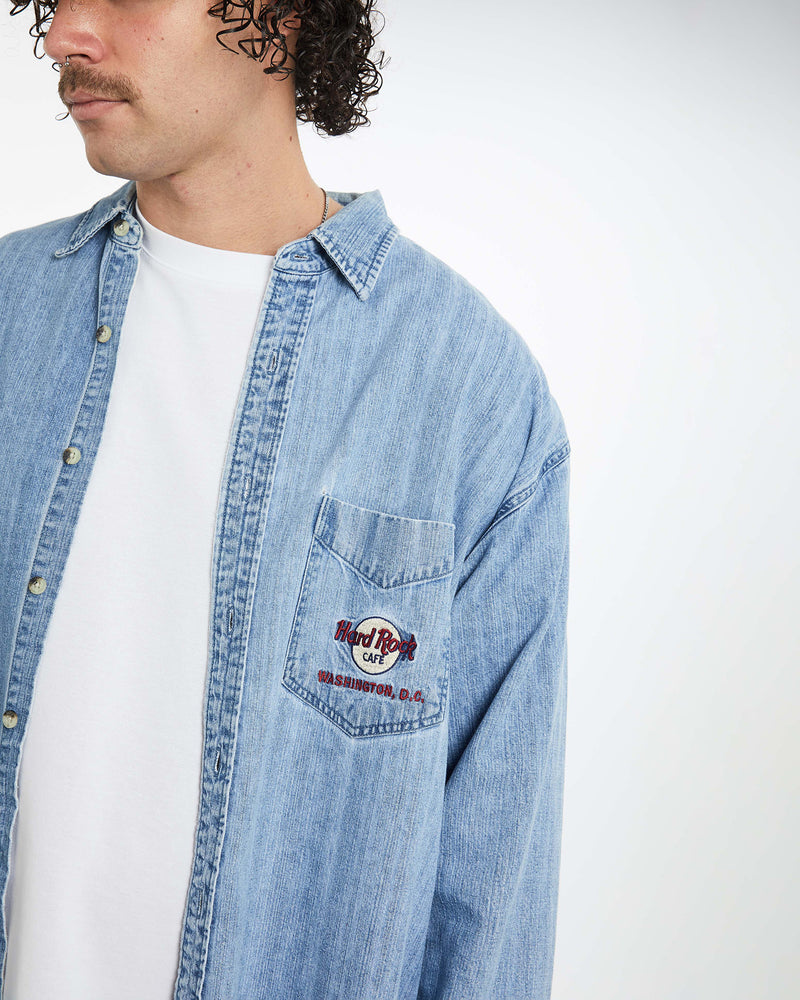 Vintage 90s Hard Rock Cafe Denim Button Up Shirt <br>XL , The Real Deal , newtown, sydney, australia, thrift store, opshop, preloved, secondhand, sustainable, retro, antique, 70s, 80s, 90s, 2000s, 00s, fashion, clothing, streetwear, trendy, garment, style, boutique, store, shop, archive, sale, cheap, best, top