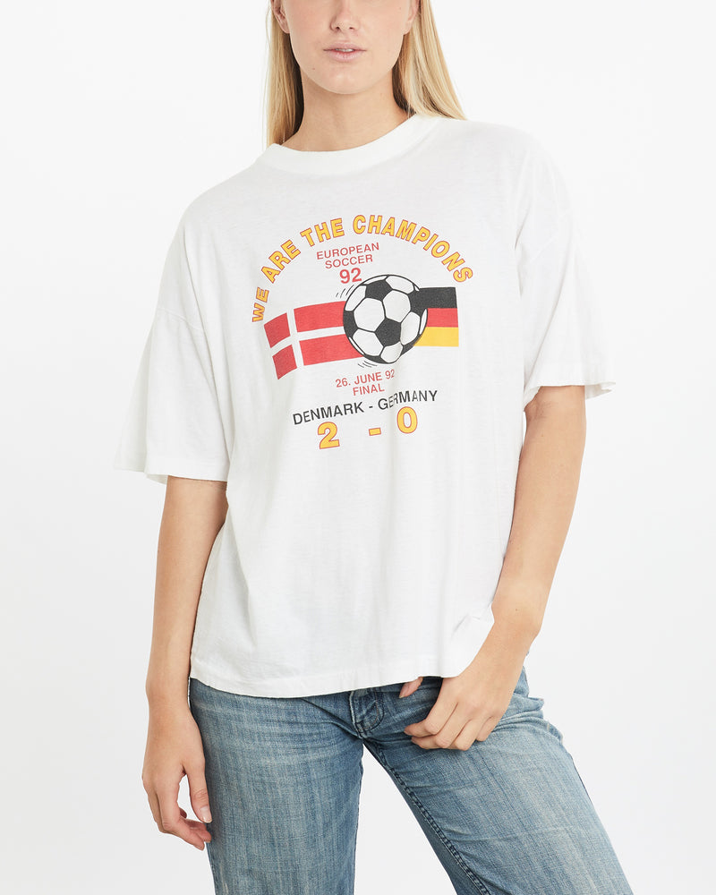 1992 Denmark vs Germany European Soccer Tee <br>M , The Real Deal , newtown, sydney, australia, thrift store, opshop, preloved, secondhand, sustainable, retro, antique, 70s, 80s, 90s, 2000s, 00s, fashion, clothing, streetwear, trendy, garment, style, boutique, store, shop, archive, sale, cheap, best, top