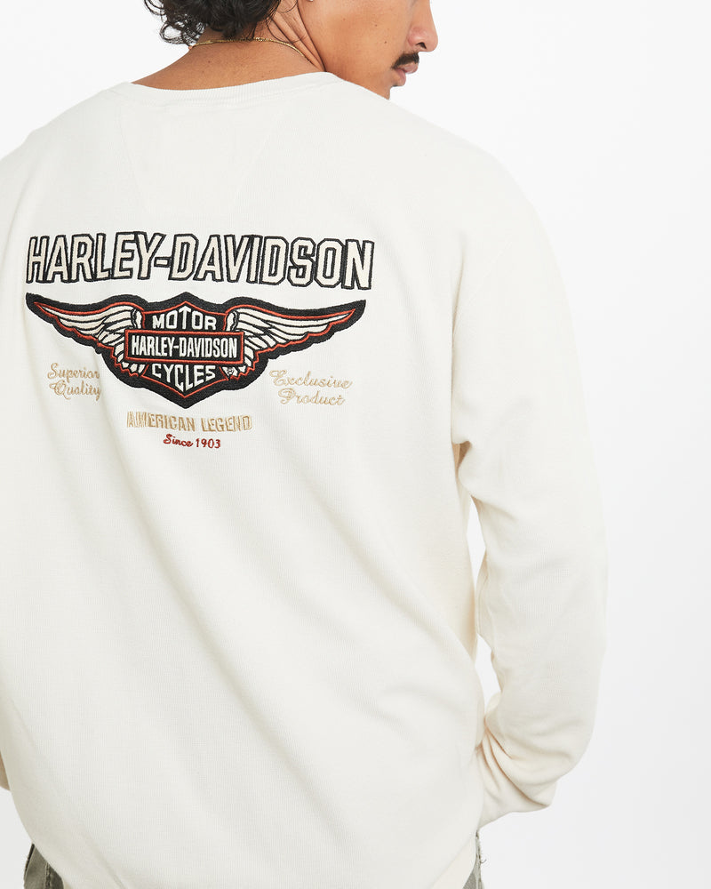 Vintage Harley Davidson Long Sleeve Henley Tee <br>L , The Real Deal , newtown, sydney, australia, thrift store, opshop, preloved, secondhand, sustainable, retro, antique, 70s, 80s, 90s, 2000s, 00s, fashion, clothing, streetwear, trendy, garment, style, boutique, store, shop, archive, sale, cheap, best, top