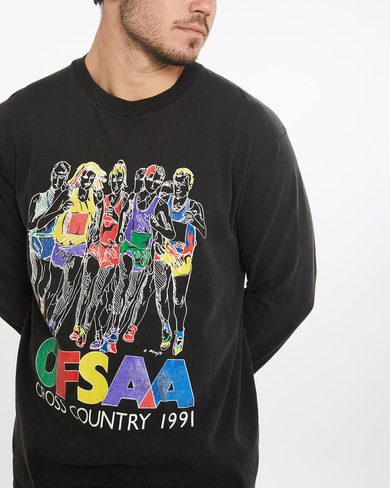 1991, OFSAA, Cross, Country, Long, Sleeve, Tee, The Real Deal, size large, colour Black, newtown, sydney, australia, thrift store, opshop, preloved, secondhand, sustainable, retro, antique, 70s, 80s, 90s, 2000s, 00s, fashion, clothing, streetwear, trendy, garment, style, boutique, store, shop, archive, sale, cheap, best, top, T-Shirts