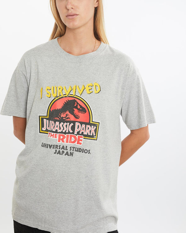 Vintage, Universal, Studios, Jurassic, Park, The, Ride', Tee, The Real Deal, size medium, colour Grey, newtown, sydney, australia, thrift store, opshop, preloved, secondhand, sustainable, retro, antique, 70s, 80s, 90s, 2000s, 00s, fashion, clothing, streetwear, trendy, garment, style, boutique, store, shop, archive, sale, cheap, best, top, T-Shirts