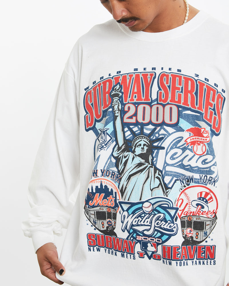 Vintage MLB Mets vs Yankees Long Sleeve Tee <br>XL , The Real Deal , newtown, sydney, australia, thrift store, opshop, preloved, secondhand, sustainable, retro, antique, 70s, 80s, 90s, 2000s, 00s, fashion, clothing, streetwear, trendy, garment, style, boutique, store, shop, archive, sale, cheap, best, top