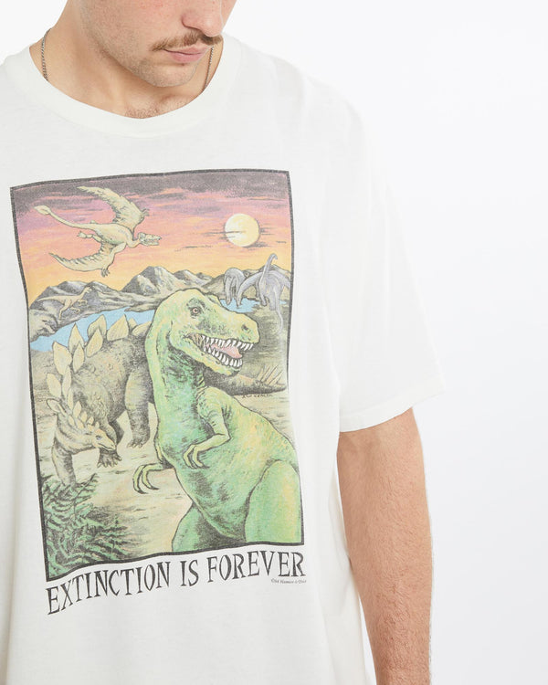 Vintage, 1994, Dinosaur, Extinction, Is, Forever', Tee, The Real Deal, size extra large, colour White, newtown, sydney, australia, thrift store, opshop, preloved, secondhand, sustainable, retro, antique, 70s, 80s, 90s, 2000s, 00s, fashion, clothing, streetwear, trendy, garment, style, boutique, store, shop, archive, sale, cheap, best, top, T-Shirts