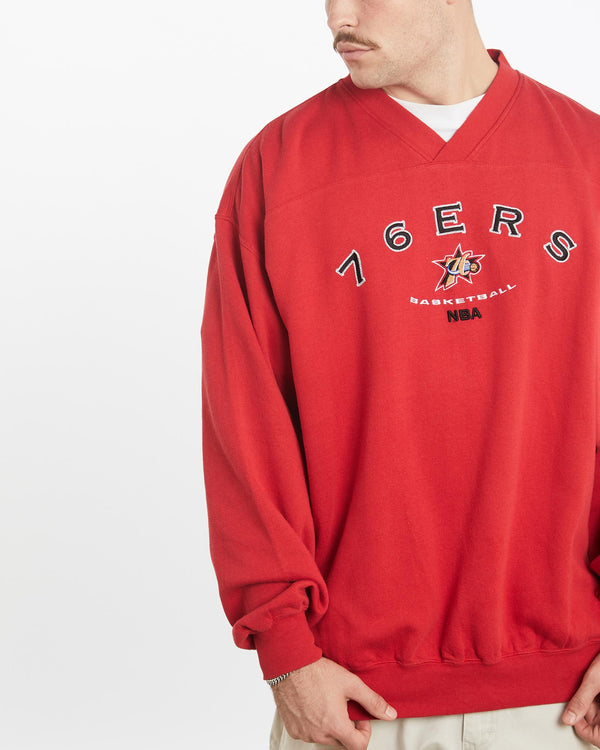 Vintage, 90s, NBA, Philadelphia, 76ers, Sweatshirt, The Real Deal, size extra large, colour Red, newtown, sydney, australia, thrift store, opshop, preloved, secondhand, sustainable, retro, antique, 70s, 80s, 90s, 2000s, 00s, fashion, clothing, streetwear, trendy, garment, style, boutique, store, shop, archive, sale, cheap, best, top, Sweats and hoodies