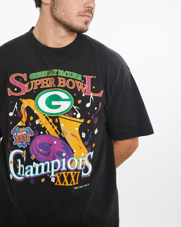 Vintage, 1997, NFL, Green, Bay, Packers, Super, Bowl, Tee, The Real Deal, size large, colour Black, newtown, sydney, australia, thrift store, opshop, preloved, secondhand, sustainable, retro, antique, 70s, 80s, 90s, 2000s, 00s, fashion, clothing, streetwear, trendy, garment, style, boutique, store, shop, archive, sale, cheap, best, top, T-Shirts