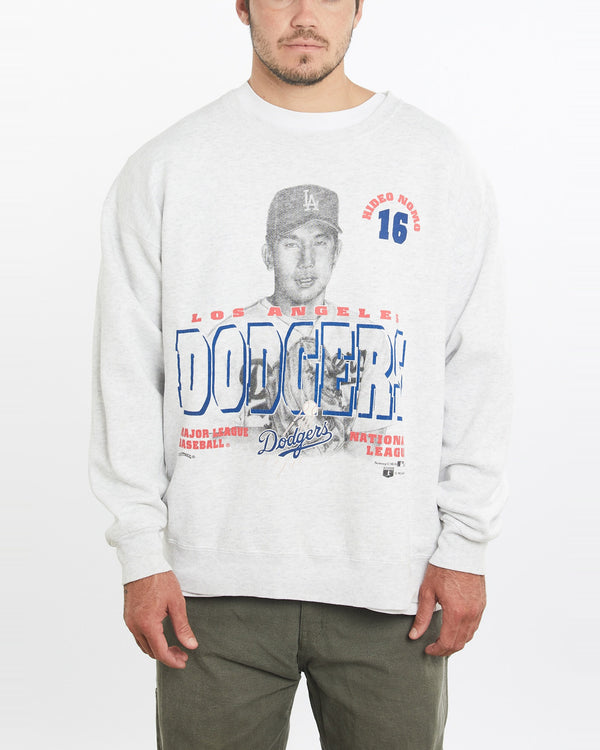 Vintage, 1995, MLB, Los, Angeles, Dodgers, Hideo, Nomo', Sweatshirt, The Real Deal, size large, colour Grey, newtown, sydney, australia, thrift store, opshop, preloved, secondhand, sustainable, retro, antique, 70s, 80s, 90s, 2000s, 00s, fashion, clothing, streetwear, trendy, garment, style, boutique, store, shop, archive, sale, cheap, best, top, Sweats and hoodies