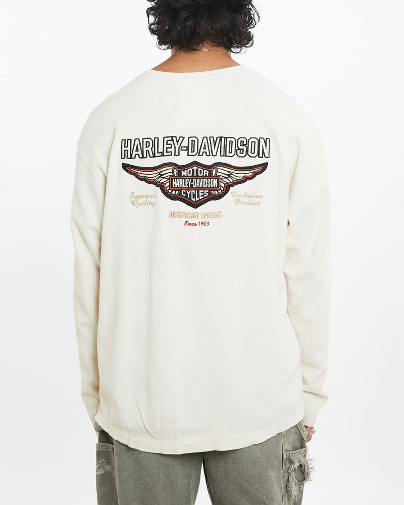 Vintage Harley Davidson Long Sleeve Henley Tee <br>L , The Real Deal , newtown, sydney, australia, thrift store, opshop, preloved, secondhand, sustainable, retro, antique, 70s, 80s, 90s, 2000s, 00s, fashion, clothing, streetwear, trendy, garment, style, boutique, store, shop, archive, sale, cheap, best, top