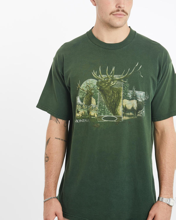 Vintage, 90s, Montana, Elk, Wildlife, Tee, The Real Deal, size extra large, colour Green, newtown, sydney, australia, thrift store, opshop, preloved, secondhand, sustainable, retro, antique, 70s, 80s, 90s, 2000s, 00s, fashion, clothing, streetwear, trendy, garment, style, boutique, store, shop, archive, sale, cheap, best, top, T-Shirts