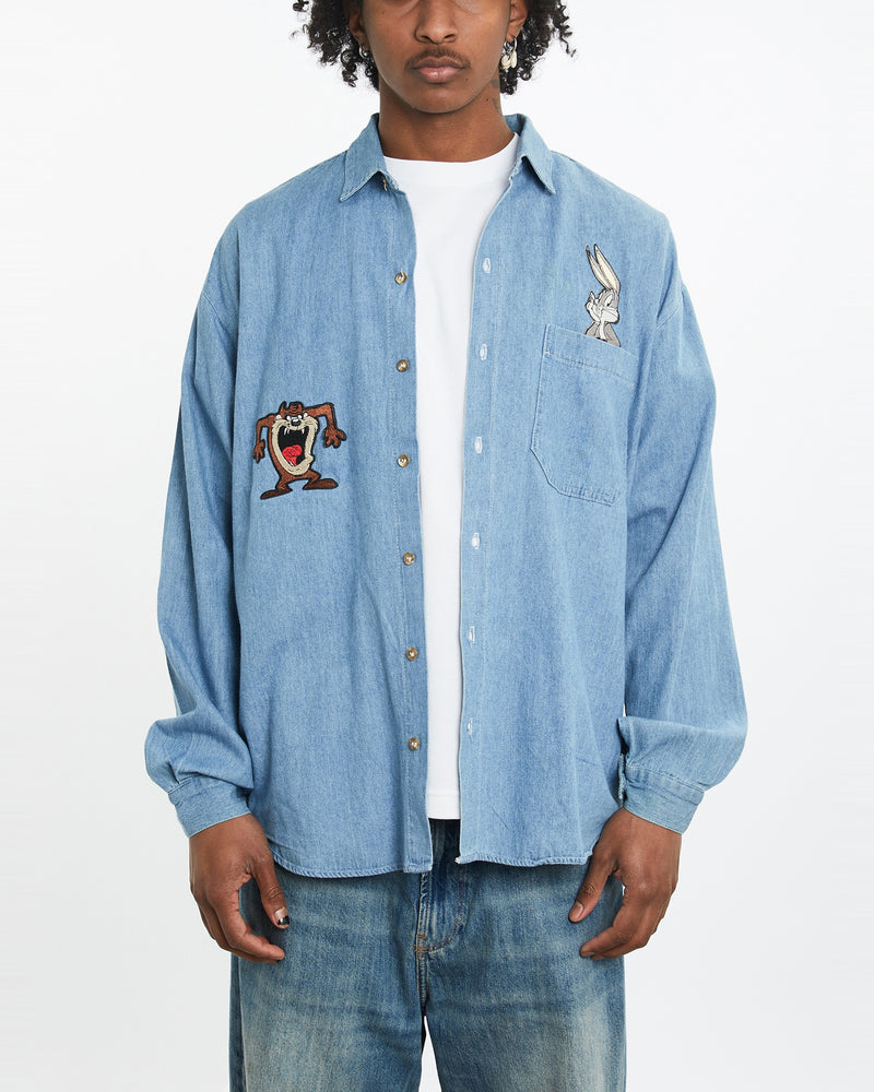 Vintage 1992 Looney Tunes Denim Button Up Shirt <br>L