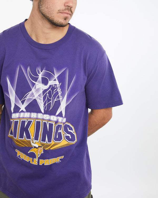 Vintage, 1999, NFL, Minnesota, Vikings, Tee, The Real Deal, size large, colour Purple, newtown, sydney, australia, thrift store, opshop, preloved, secondhand, sustainable, retro, antique, 70s, 80s, 90s, 2000s, 00s, fashion, clothing, streetwear, trendy, garment, style, boutique, store, shop, archive, sale, cheap, best, top, T-Shirts