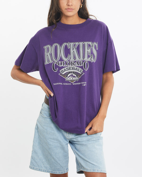 Vintage, 1993, MLB, Colorado, Rockies, Tee, The Real Deal, size small, colour Purple, newtown, sydney, australia, thrift store, opshop, preloved, secondhand, sustainable, retro, antique, 70s, 80s, 90s, 2000s, 00s, fashion, clothing, streetwear, trendy, garment, style, boutique, store, shop, archive, sale, cheap, best, top, T-Shirts