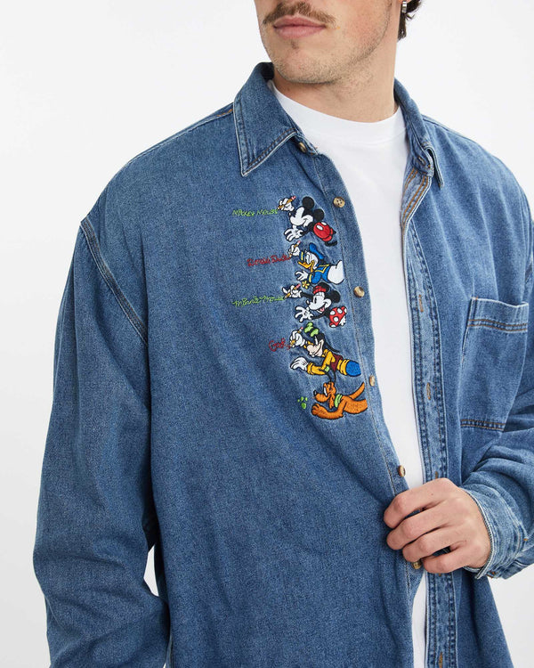 Vintage 90s Disney Mickey Mouse Denim Button Up Shirt <br>XL , The Real Deal , newtown, sydney, australia, thrift store, opshop, preloved, secondhand, sustainable, retro, antique, 70s, 80s, 90s, 2000s, 00s, fashion, clothing, streetwear, trendy, garment, style, boutique, store, shop, archive, sale, cheap, best, top