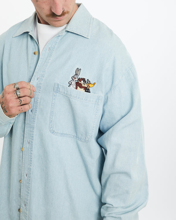 Vintage 1998 Looney Tunes Cartoon Cartoon Denim Button Up Shirt <br>L , The Real Deal , newtown, sydney, australia, thrift store, opshop, preloved, secondhand, sustainable, retro, antique, 70s, 80s, 90s, 2000s, 00s, fashion, clothing, streetwear, trendy, garment, style, boutique, store, shop, archive, sale, cheap, best, top