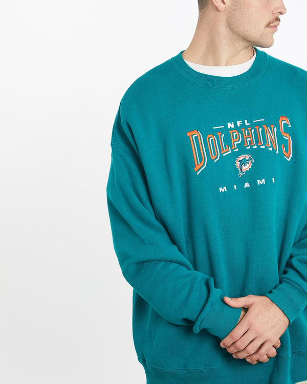 Vintage, 90s, NFL, Miami, Dolphins, Sweatshirt, The Real Deal, size double extra large, colour Blue, newtown, sydney, australia, thrift store, opshop, preloved, secondhand, sustainable, retro, antique, 70s, 80s, 90s, 2000s, 00s, fashion, clothing, streetwear, trendy, garment, style, boutique, store, shop, archive, sale, cheap, best, top, Sweats and hoodies