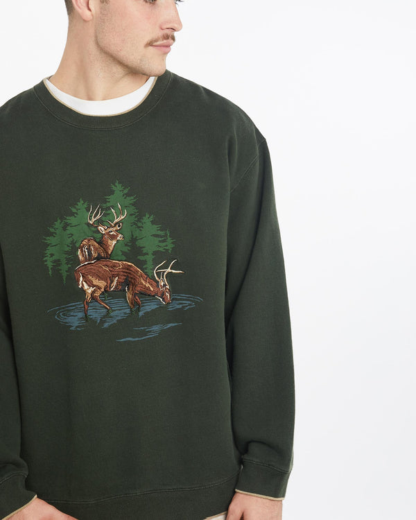 Vintage, Wildlife, Dear, Sweatshirt, The Real Deal, size extra large, colour Green, newtown, sydney, australia, thrift store, opshop, preloved, secondhand, sustainable, retro, antique, 70s, 80s, 90s, 2000s, 00s, fashion, clothing, streetwear, trendy, garment, style, boutique, store, shop, archive, sale, cheap, best, top, Sweats and hoodies