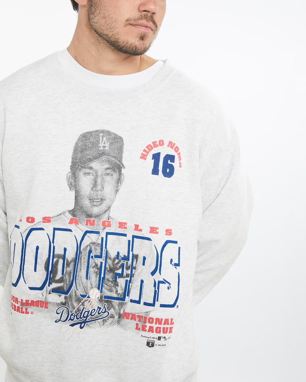 Vintage, 1995, MLB, Los, Angeles, Dodgers, Hideo, Nomo', Sweatshirt, The Real Deal, size large, colour Grey, newtown, sydney, australia, thrift store, opshop, preloved, secondhand, sustainable, retro, antique, 70s, 80s, 90s, 2000s, 00s, fashion, clothing, streetwear, trendy, garment, style, boutique, store, shop, archive, sale, cheap, best, top, Sweats and hoodies