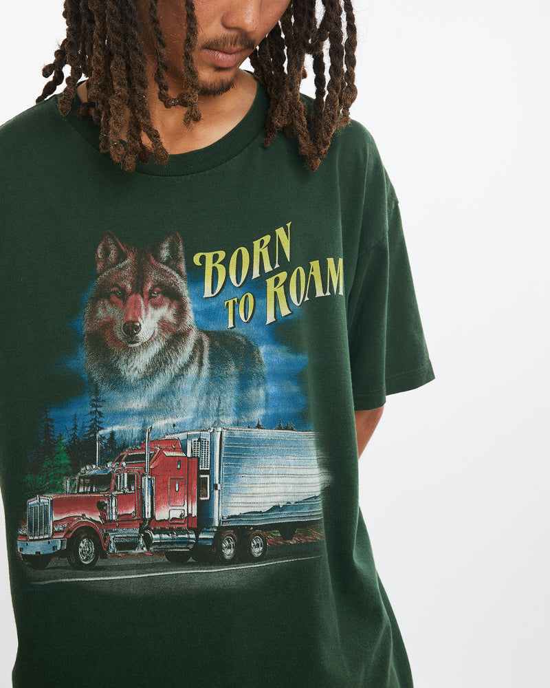 Vintage 90s Born To Roam Wolf Truck Tee <br>L , The Real Deal , newtown, sydney, australia, thrift store, opshop, preloved, secondhand, sustainable, retro, antique, 70s, 80s, 90s, 2000s, 00s, fashion, clothing, streetwear, trendy, garment, style, boutique, store, shop, archive, sale, cheap, best, top