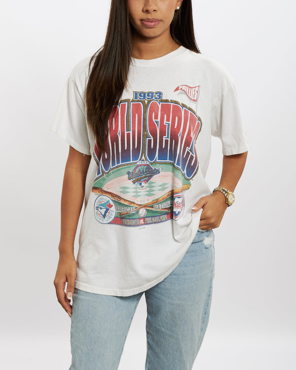 Vintage 1993 World Series 'Blue Jays v Phillies' Tee <br>M , The Real Deal , newtown, sydney, australia, thrift store, opshop, preloved, secondhand, sustainable, retro, antique, 70s, 80s, 90s, 2000s, 00s, fashion, clothing, streetwear, trendy, garment, style, boutique, store, shop, archive, sale, cheap, best, top