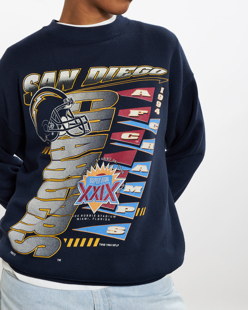 Vintage 1995 NFL San Diego Chargers Super Bowl Sweatshirt <br>M , The Real Deal , newtown, sydney, australia, thrift store, opshop, preloved, secondhand, sustainable, retro, antique, 70s, 80s, 90s, 2000s, 00s, fashion, clothing, streetwear, trendy, garment, style, boutique, store, shop, archive, sale, cheap, best, top