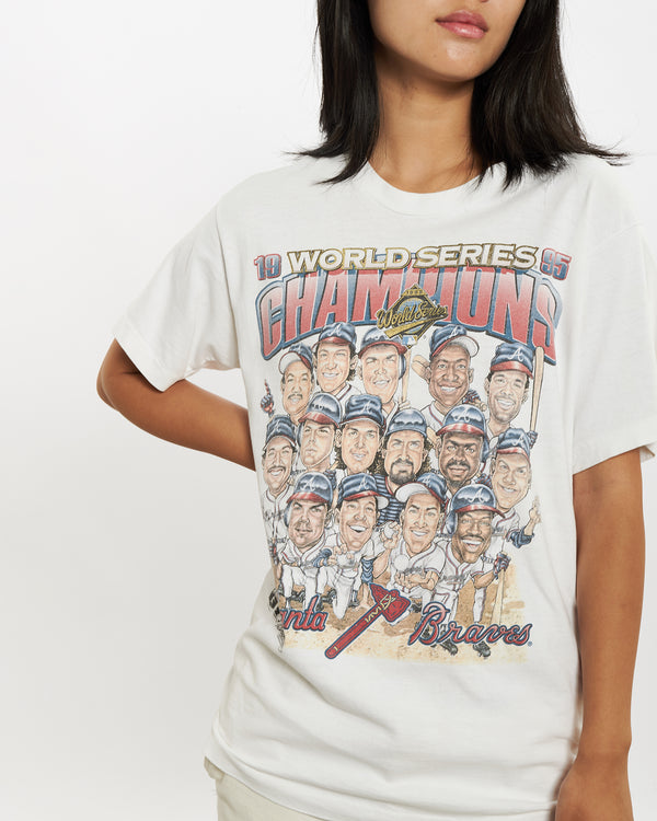 Vintage 1995 MLB Atlanta Braves 'Caricature' Tee <br>M , The Real Deal , newtown, sydney, australia, thrift store, opshop, preloved, secondhand, sustainable, retro, antique, 70s, 80s, 90s, 2000s, 00s, fashion, clothing, streetwear, trendy, garment, style, boutique, store, shop, archive, sale, cheap, best, top