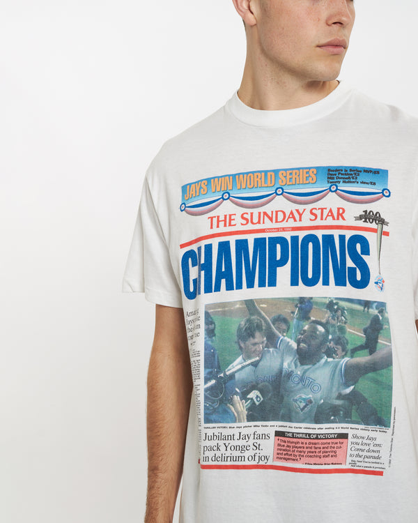 Vintage 1992 MLB Toronto Blue Jays 'Front Page' Tee <br>L , The Real Deal , newtown, sydney, australia, thrift store, opshop, preloved, secondhand, sustainable, retro, antique, 70s, 80s, 90s, 2000s, 00s, fashion, clothing, streetwear, trendy, garment, style, boutique, store, shop, archive, sale, cheap, best, top