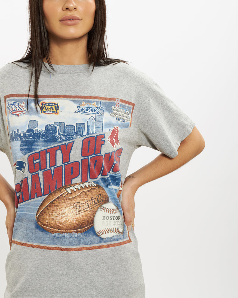 Vintage Patriots and Red Sox 'City of Champions' Tee <br>S , The Real Deal , newtown, sydney, australia, thrift store, opshop, preloved, secondhand, sustainable, retro, antique, 70s, 80s, 90s, 2000s, 00s, fashion, clothing, streetwear, trendy, garment, style, boutique, store, shop, archive, sale, cheap, best, top