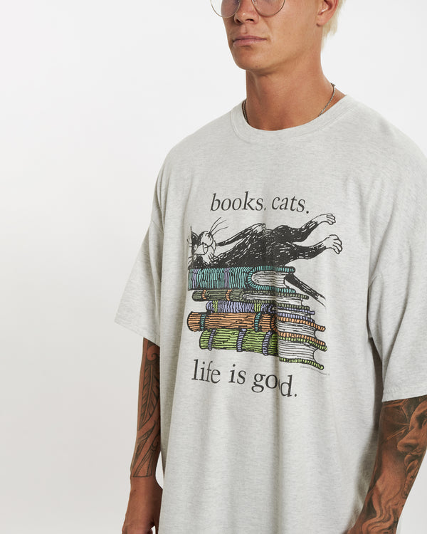 Vintage Books and Cats Tee <br>XL , The Real Deal , newtown, sydney, australia, thrift store, opshop, preloved, secondhand, sustainable, retro, antique, 70s, 80s, 90s, 2000s, 00s, fashion, clothing, streetwear, trendy, garment, style, boutique, store, shop, archive, sale, cheap, best, top