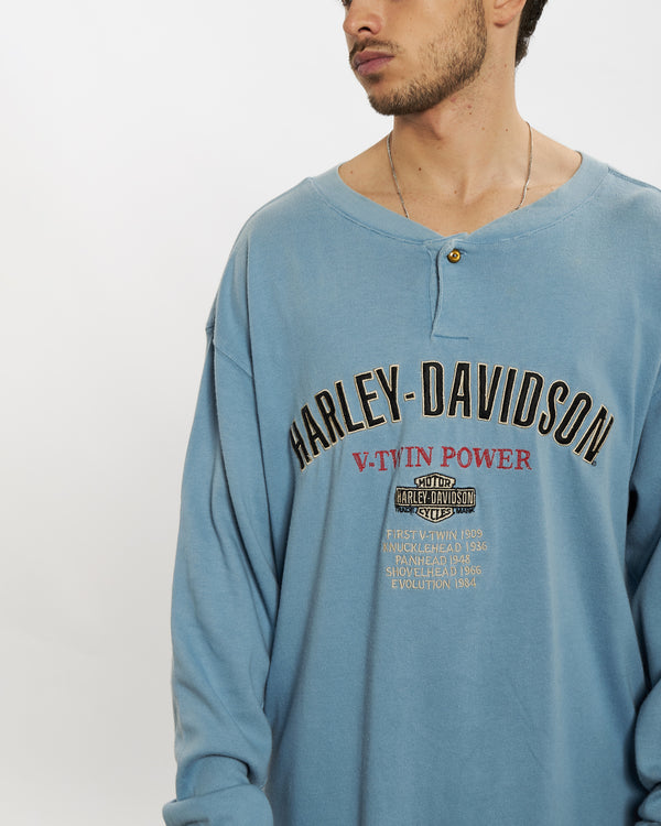 Vintage Harley Davidson Long Sleeve Henley Tee <br>XL , The Real Deal , newtown, sydney, australia, thrift store, opshop, preloved, secondhand, sustainable, retro, antique, 70s, 80s, 90s, 2000s, 00s, fashion, clothing, streetwear, trendy, garment, style, boutique, store, shop, archive, sale, cheap, best, top