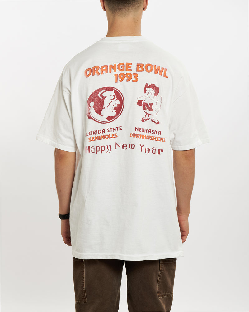 Vintage 1993 NCAA Seminoles v Cornhuskers Orange Bowl Tee <br>L , The Real Deal , newtown, sydney, australia, thrift store, opshop, preloved, secondhand, sustainable, retro, antique, 70s, 80s, 90s, 2000s, 00s, fashion, clothing, streetwear, trendy, garment, style, boutique, store, shop, archive, sale, cheap, best, top