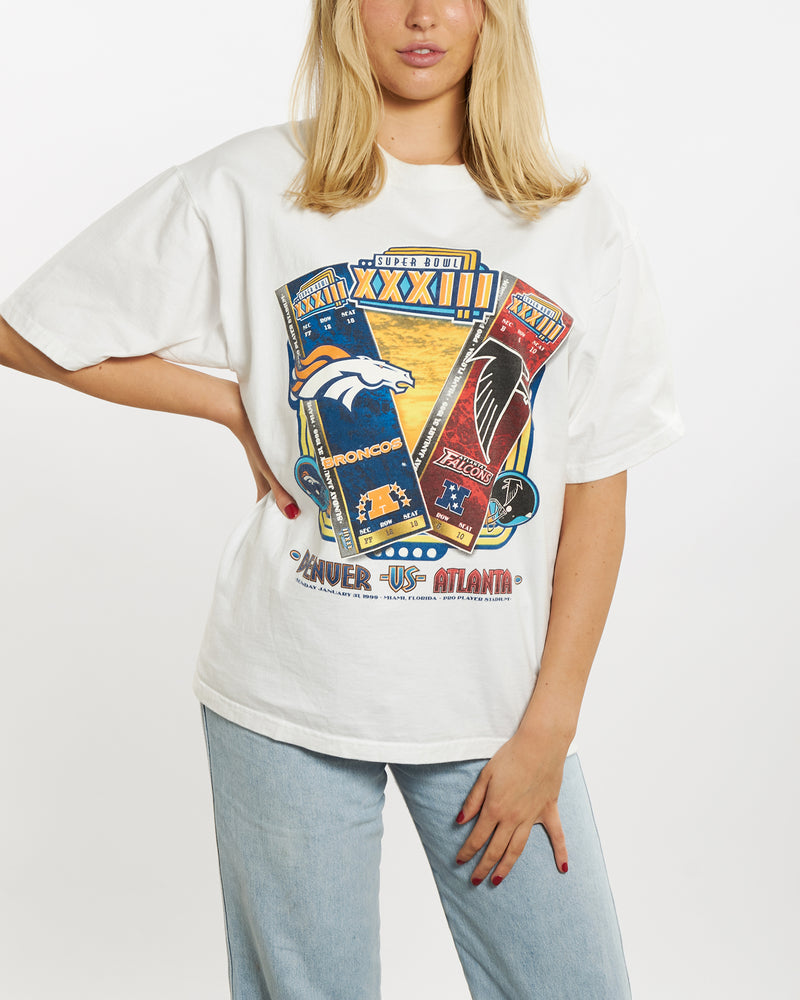 Vintage 1999 Broncos v Falcons Super Bowl Tee <br>M , The Real Deal , newtown, sydney, australia, thrift store, opshop, preloved, secondhand, sustainable, retro, antique, 70s, 80s, 90s, 2000s, 00s, fashion, clothing, streetwear, trendy, garment, style, boutique, store, shop, archive, sale, cheap, best, top