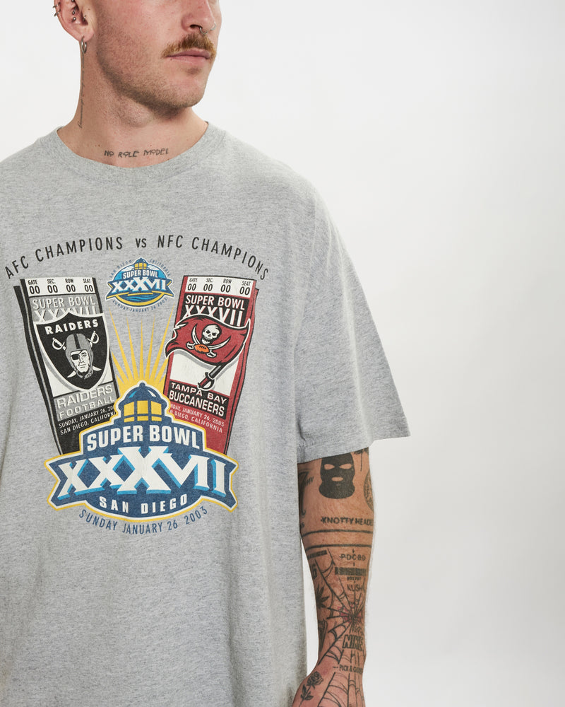 Vintage Buccaneers vs Raiders Super Bowl Tee <br>L , The Real Deal , newtown, sydney, australia, thrift store, opshop, preloved, secondhand, sustainable, retro, antique, 70s, 80s, 90s, 2000s, 00s, fashion, clothing, streetwear, trendy, garment, style, boutique, store, shop, archive, sale, cheap, best, top