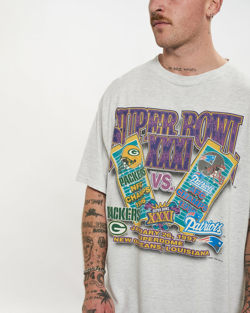 Vintage 1997 Packers vs Patriots Super Bowl Tee <br>L , The Real Deal , newtown, sydney, australia, thrift store, opshop, preloved, secondhand, sustainable, retro, antique, 70s, 80s, 90s, 2000s, 00s, fashion, clothing, streetwear, trendy, garment, style, boutique, store, shop, archive, sale, cheap, best, top