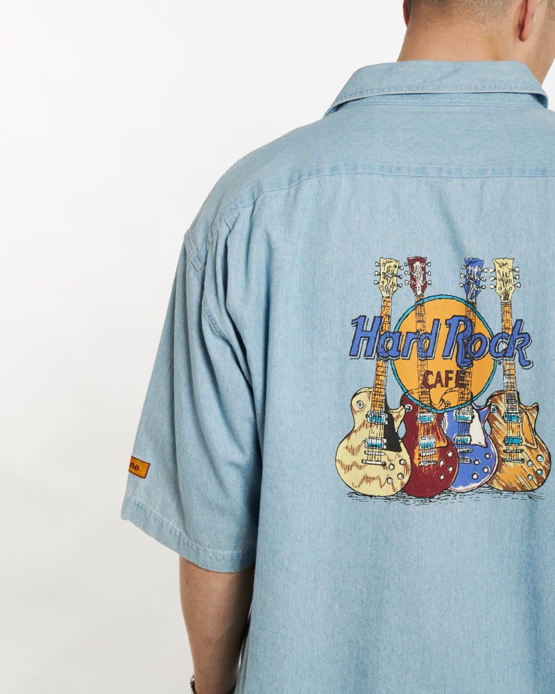 Vintage 90s Hard Rock Cafe Denim Button Up Shirt <br>XL , The Real Deal , newtown, sydney, australia, thrift store, opshop, preloved, secondhand, sustainable, retro, antique, 70s, 80s, 90s, 2000s, 00s, fashion, clothing, streetwear, trendy, garment, style, boutique, store, shop, archive, sale, cheap, best, top