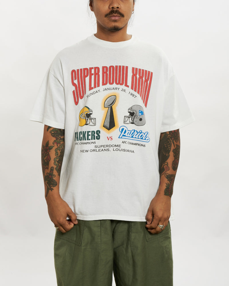 Vintage 1997 Packers vs Patriots Super Bowl Tee <br>L , The Real Deal , newtown, sydney, australia, thrift store, opshop, preloved, secondhand, sustainable, retro, antique, 70s, 80s, 90s, 2000s, 00s, fashion, clothing, streetwear, trendy, garment, style, boutique, store, shop, archive, sale, cheap, best, top