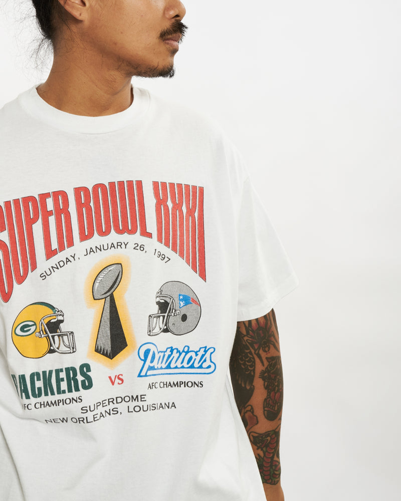 Vintage 1997 Packers vs Patriots Super Bowl Tee <br>L , The Real Deal , newtown, sydney, australia, thrift store, opshop, preloved, secondhand, sustainable, retro, antique, 70s, 80s, 90s, 2000s, 00s, fashion, clothing, streetwear, trendy, garment, style, boutique, store, shop, archive, sale, cheap, best, top