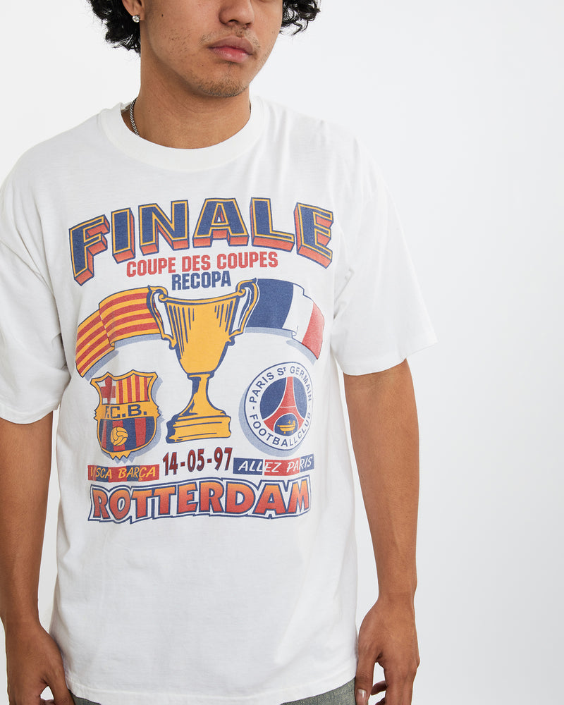 Vintage 1997 Barcelona vs Paris UEFA Cup Tee <br>L , The Real Deal , newtown, sydney, australia, thrift store, opshop, preloved, secondhand, sustainable, retro, antique, 70s, 80s, 90s, 2000s, 00s, fashion, clothing, streetwear, trendy, garment, style, boutique, store, shop, archive, sale, cheap, best, top