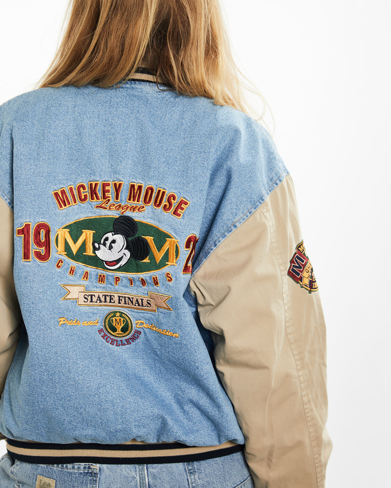 Vintage 90s Disney Mickey Mouse Denim Varsity Jacket <br>M , The Real Deal , newtown, sydney, australia, thrift store, opshop, preloved, secondhand, sustainable, retro, antique, 70s, 80s, 90s, 2000s, 00s, fashion, clothing, streetwear, trendy, garment, style, boutique, store, shop, archive, sale, cheap, best, top